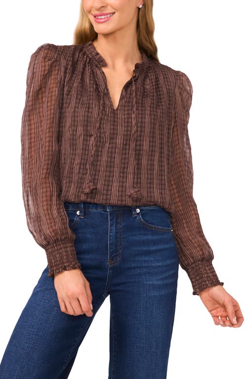 Cece Mixed Print Split Neck Top In Brown