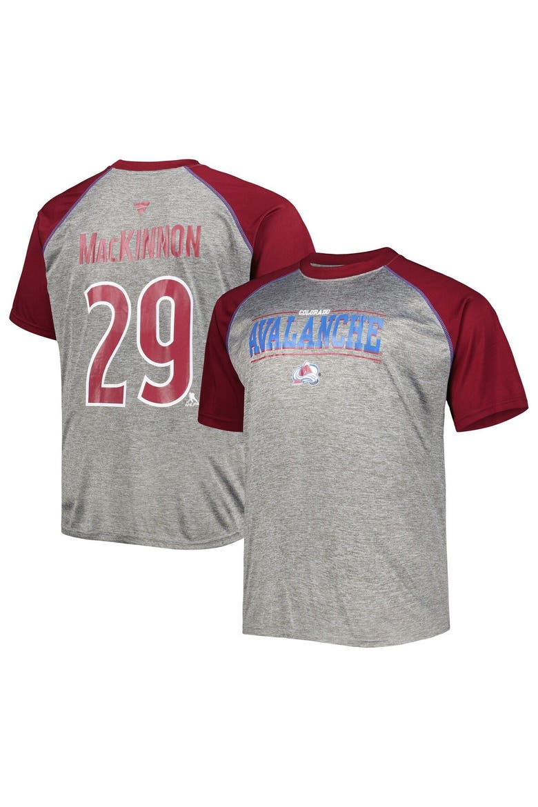 Men's Fanatics Branded Nathan MacKinnon Heather Gray/Burgundy Colorado Avalanche Big & Tall Contrast Raglan Name & Number T-Shirt, Main, color, Heather Gray