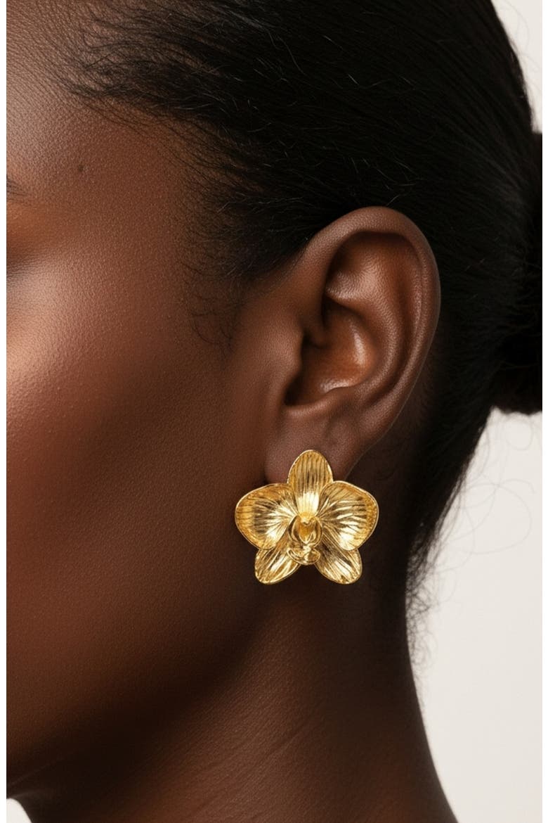 Orchid Flower Statement Stud Earrings, Alternate, color, GOLD