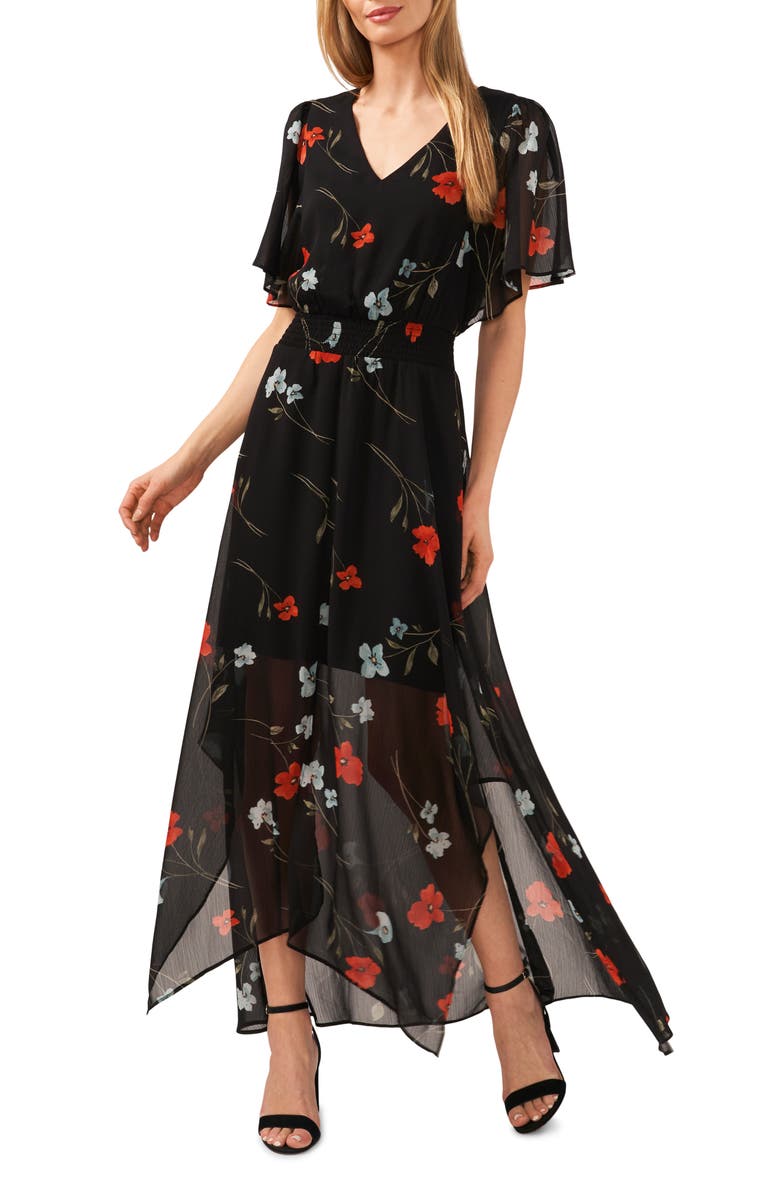 CeCe Floral Print Smocked Waist Flutter Sleeve Maxi Dress, Main, color, 
