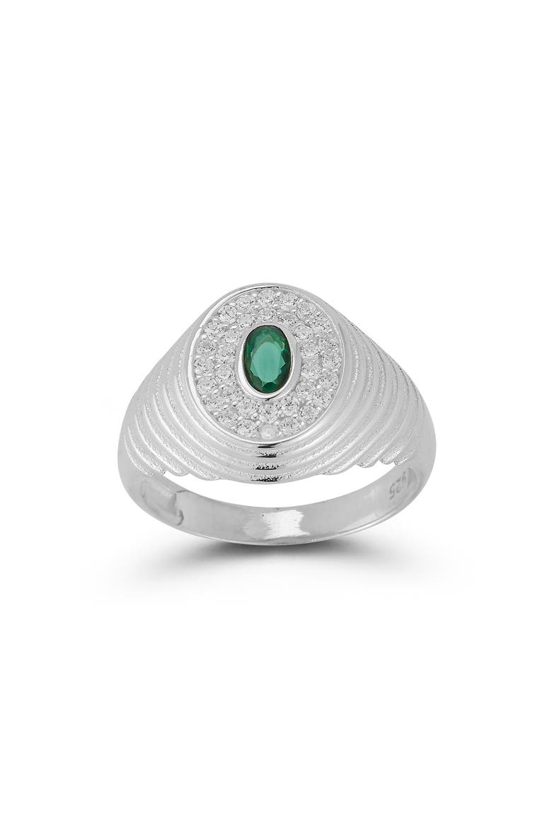 Cubic Zirconia Ribbed Signet Ring, Main, color, SILVER