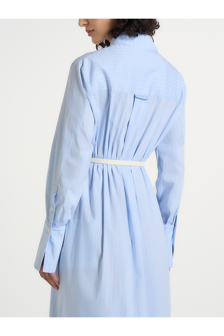 Isa Belted Pinstripe Cotton Midi Shirt Dress, Alternate, color, Pale Blue