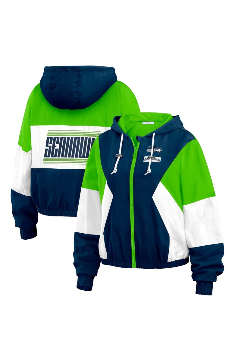 WEAR by Erin Andrews Women's WEAR by Erin Andrews College Navy/Neon Green Seattle Seahawks Plus Size Color Block Full-Zip Windbreaker Jacket, Main, color, Navy