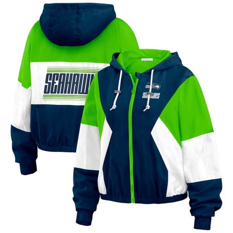 Women's WEAR by Erin Andrews College Navy/Neon Green Seattle Seahawks Plus Size Color Block Full-Zip Windbreaker Jacket
