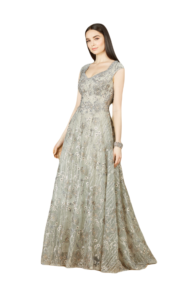 Cap Sleeve V-Neck Lace A-line Gown, Main, color, Slate