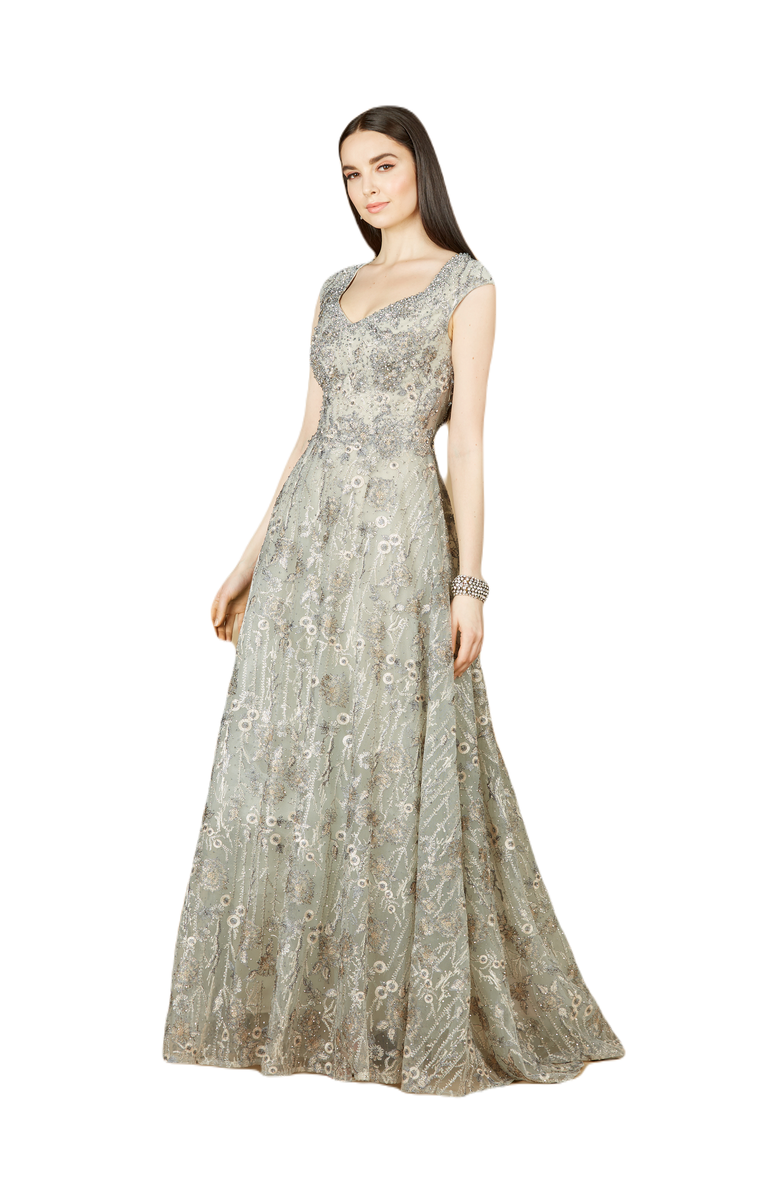 LARA New York Cap Sleeve V-Neck Lace A-line Gown, Main, color, Slate
