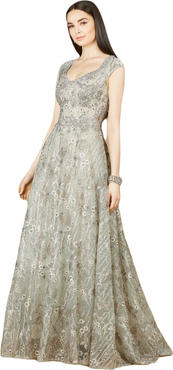 LARA New York Cap Sleeve V-Neck Lace A-line Gown