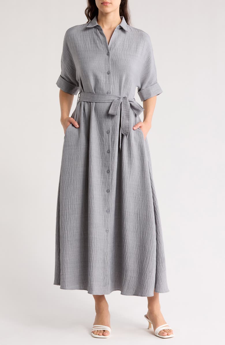 MAX STUDIO Short Sleeve Textured Maxi Shirtdress, Main, color, Heather Grey