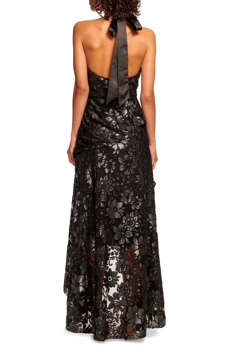 Chaplin Metallic Floral Halter High-Low Gown, Alternate, color, GUNMETAL FLOWER