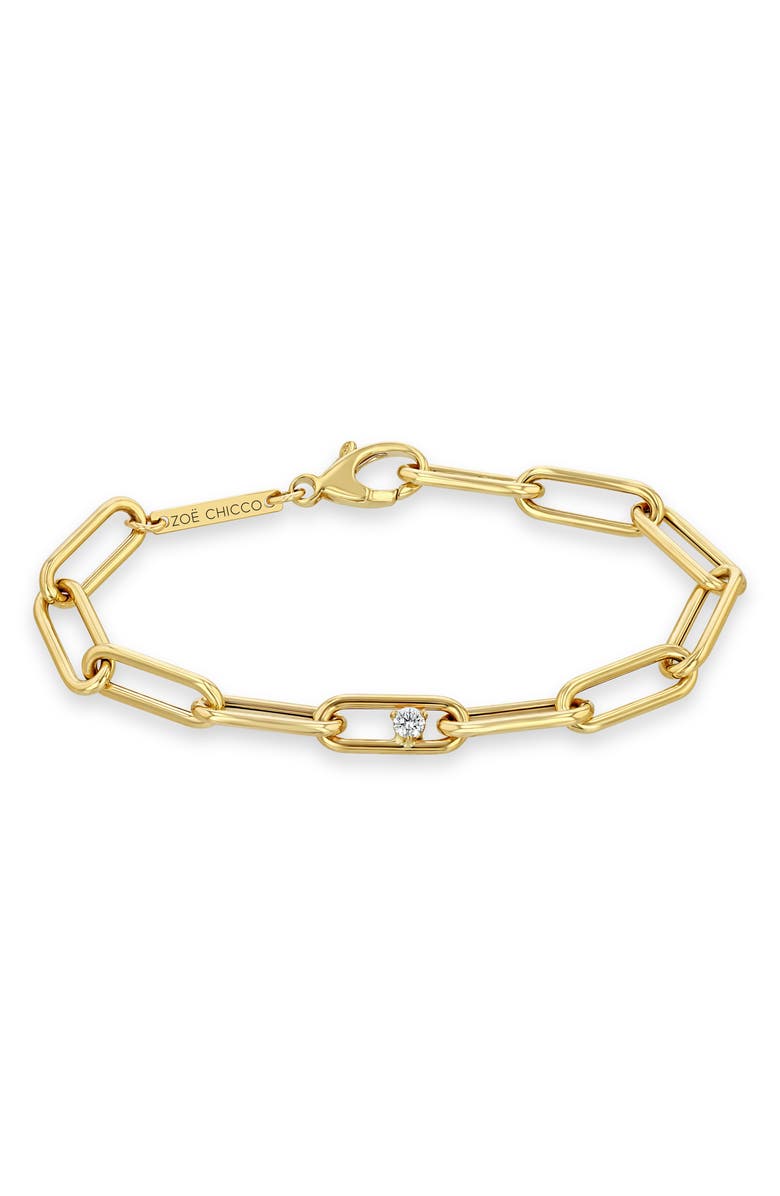 Zoë Chicco Large Paperclip Chain Bracelet with Prong Diamond, Main, color, Yellow Gold