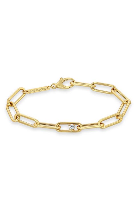 Large Paperclip Chain Bracelet with Prong Diamond