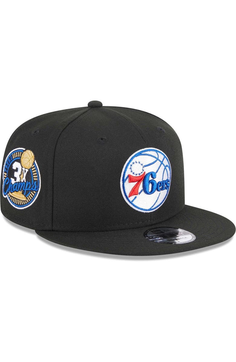 New Era Men's New Era Black Philadelphia 76ers 3-Time Champions Commemorative Side Patch 9FIFTY Snapback Hat, Main, color, 