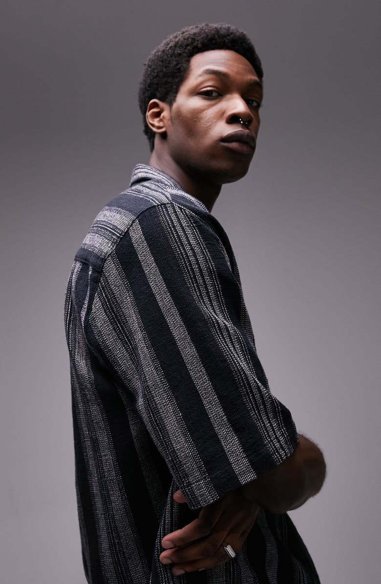 Topman Oversize Textured Stripe Camp Shirt, Alternate, color,