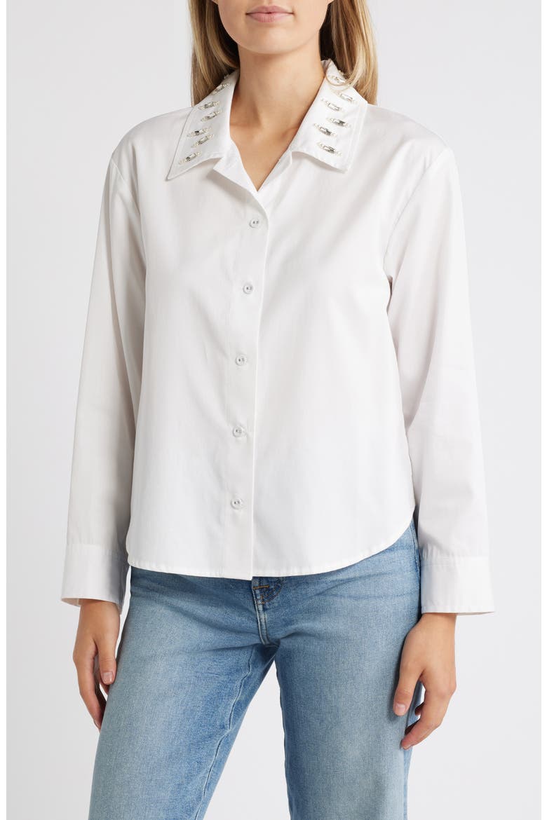Beaded Collar Cotton Blend Button-Up Shirt, Main, color, OFF WHITE