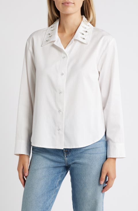 Beaded Collar Cotton Blend Button-Up Shirt