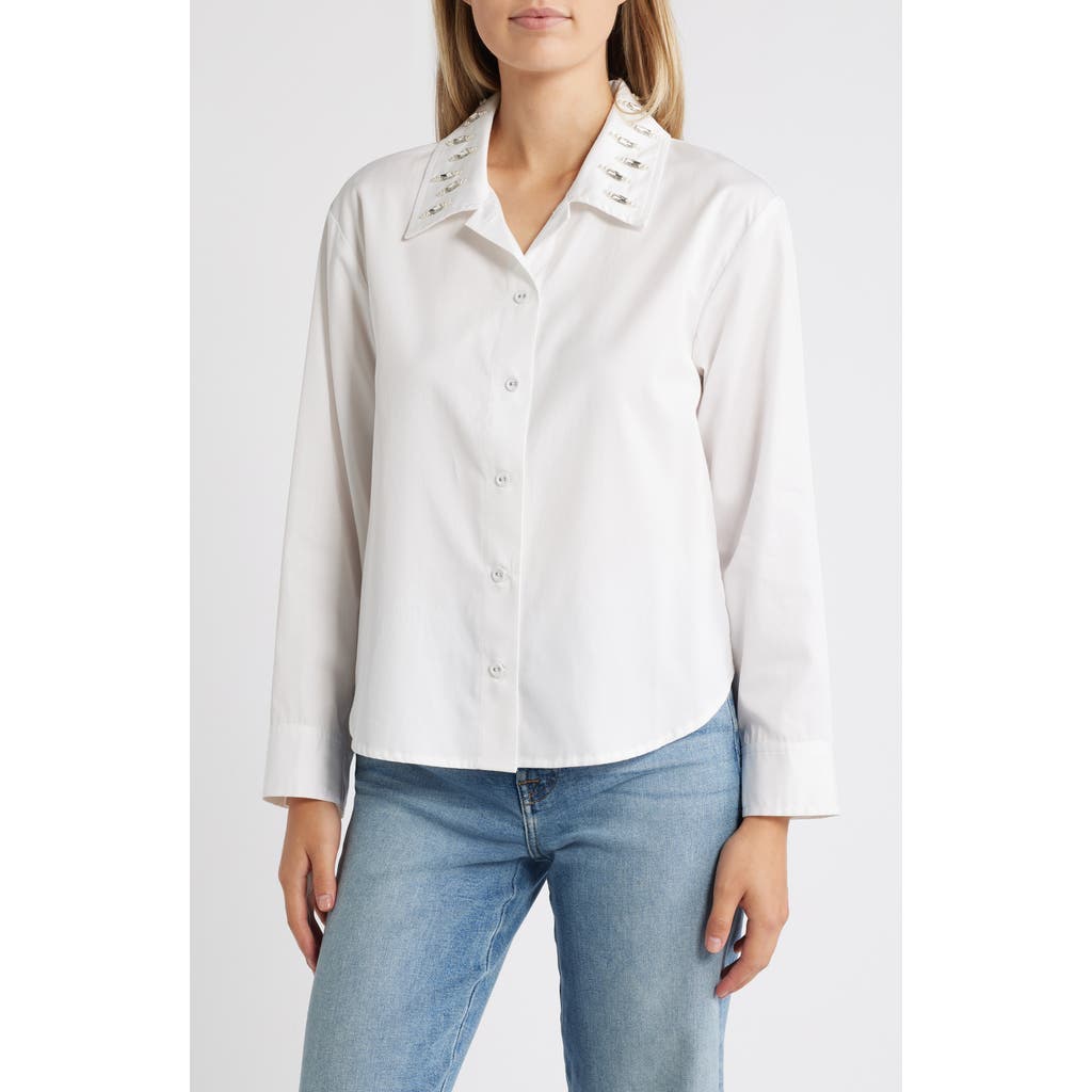 Wit & Wisdom Beaded Collar Cotton Blend Button-up Shirt In White