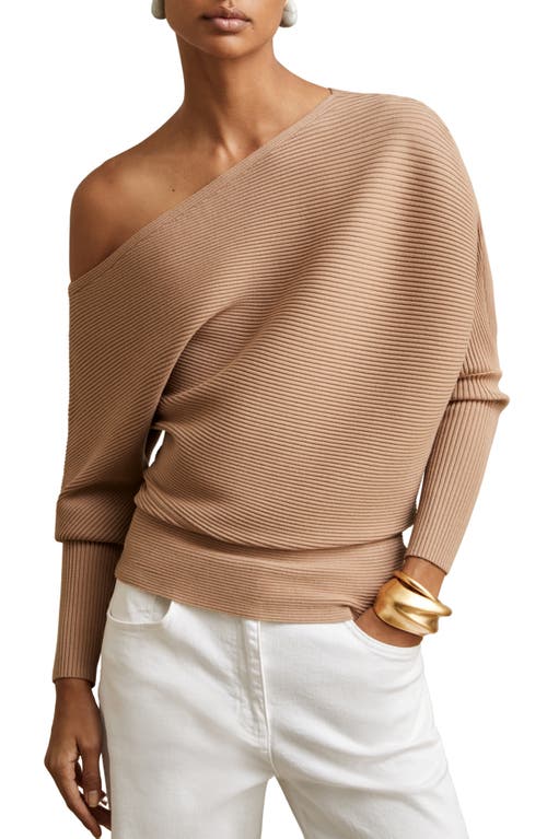 Reiss Lorna Off The Shoulder Rib Sweater In Brown