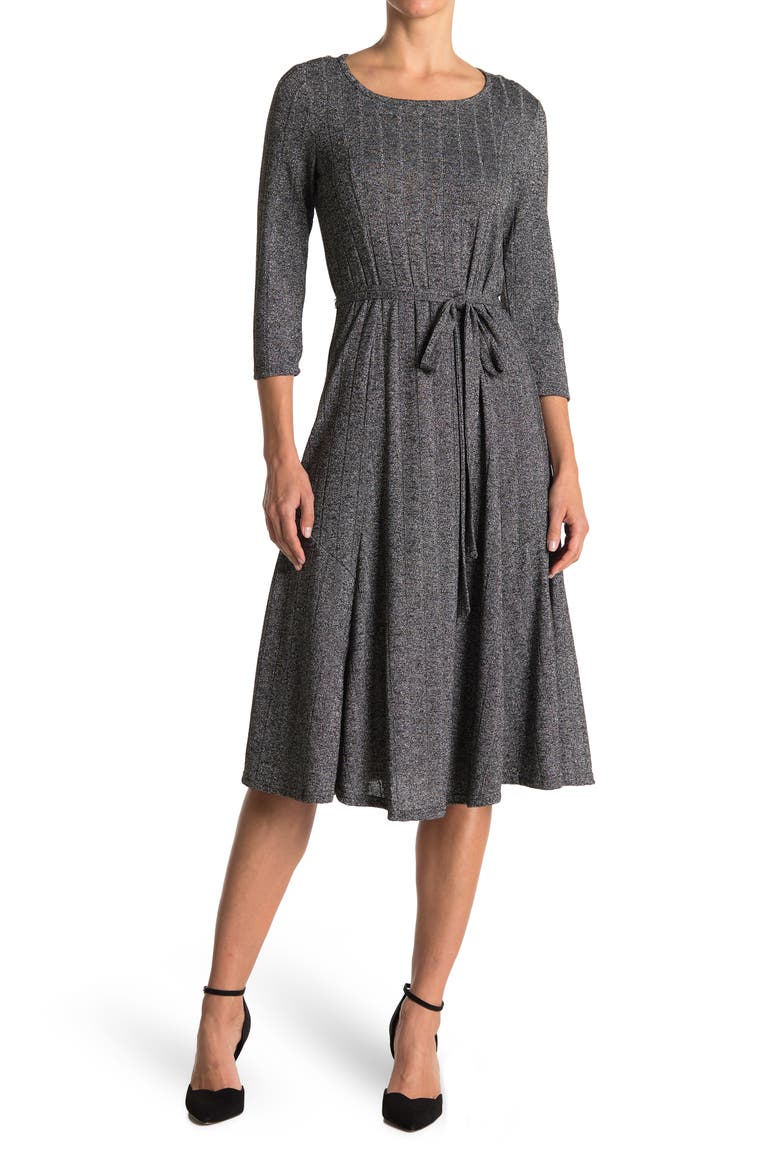 Three-Quarter Sleeve A-Line Metallic Ribbed Midi Dress, Main, color, BLACK/SIL