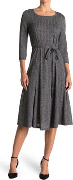 Nina Leonard Three-Quarter Sleeve A-Line Metallic Ribbed Midi Dress