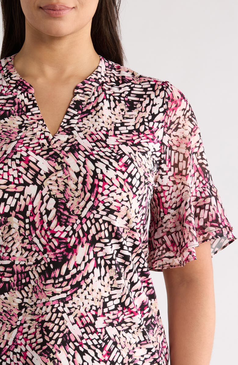 AK ANNE KLEIN Abstract Print Ruffle Elbow Sleeve Top, Alternate, color, Pink Berry Multi