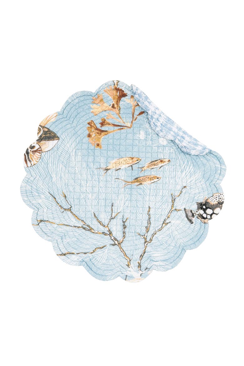 Meraki Island Round Quilted Reversible Blue Coastal Placemats, Set of 6, 17", Main, color, Blue