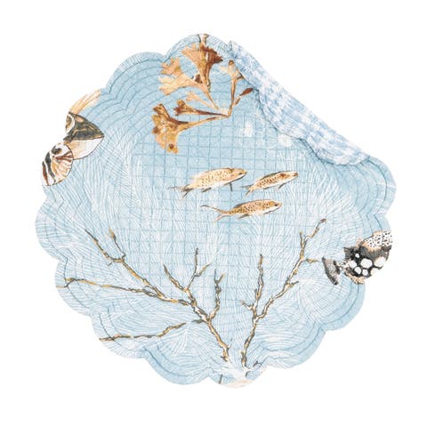 Meraki Island Round Quilted Reversible Blue Coastal Placemats, Set of 6, 17"