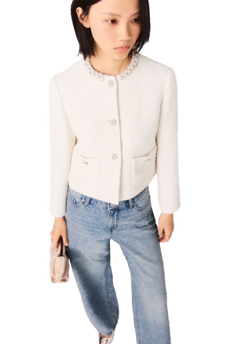 Pearl-trimmed tweed jacket, Alternate, color, Ecru