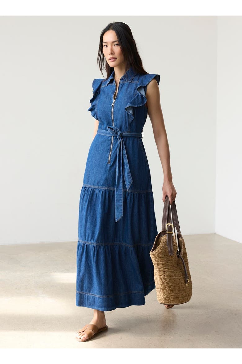 Denim Ruffle Maxi Shirt Dress, Alternate, color, Blue
