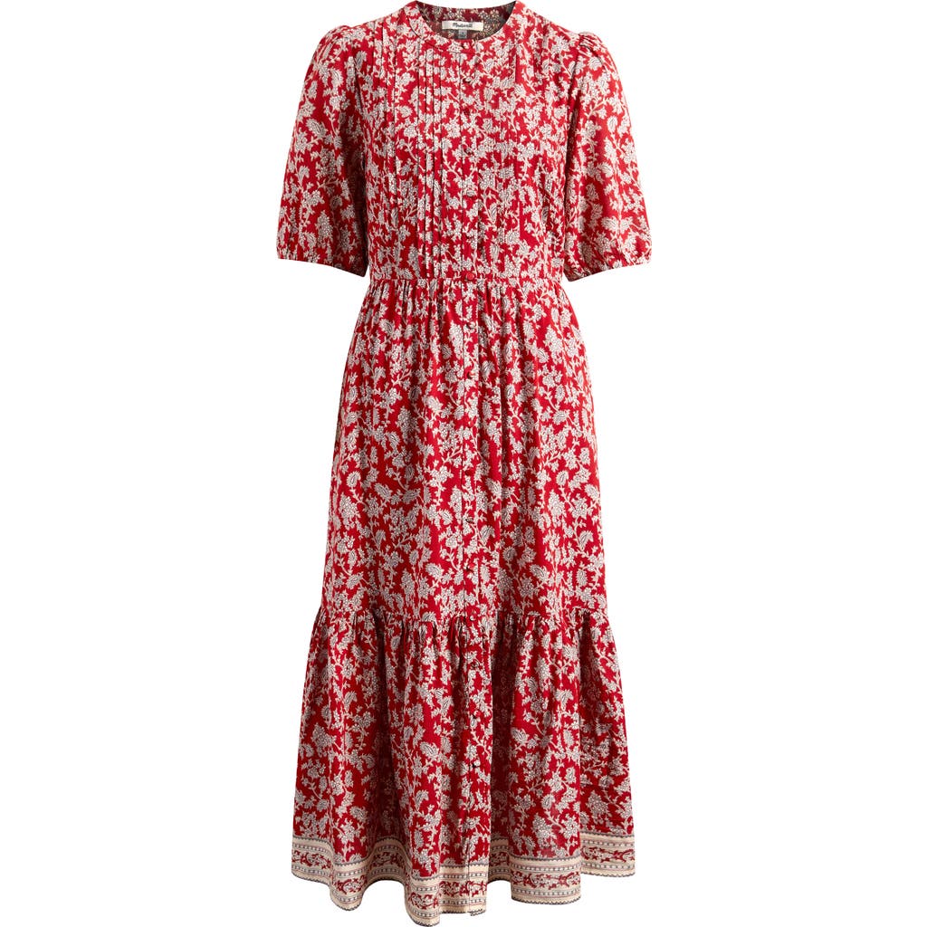 Shop Madewell Pintucked Puff Sleeve Midi Dress In Ground Madder