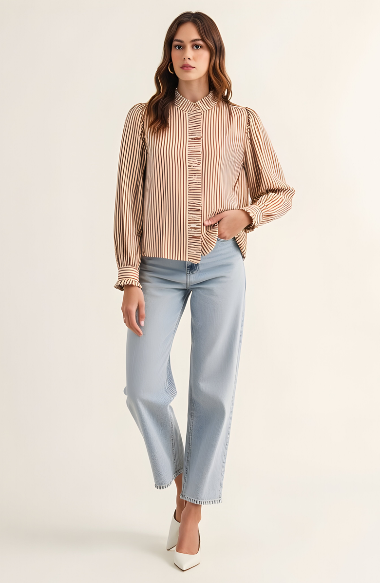 Modenaire Striped Puff Sleeve Blouse with Ruffled Trim and Covered Placket, Alternate, color, 