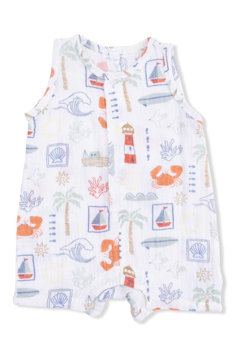 Club Mediterranean Organic Cotton Muslin Romper, Main, color, WHITE
