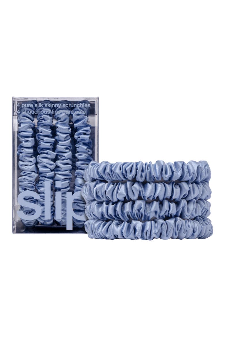Cornflower 4-Pack Pure Silk Skinny Scrunchies, Main, color, CORNFLOWER