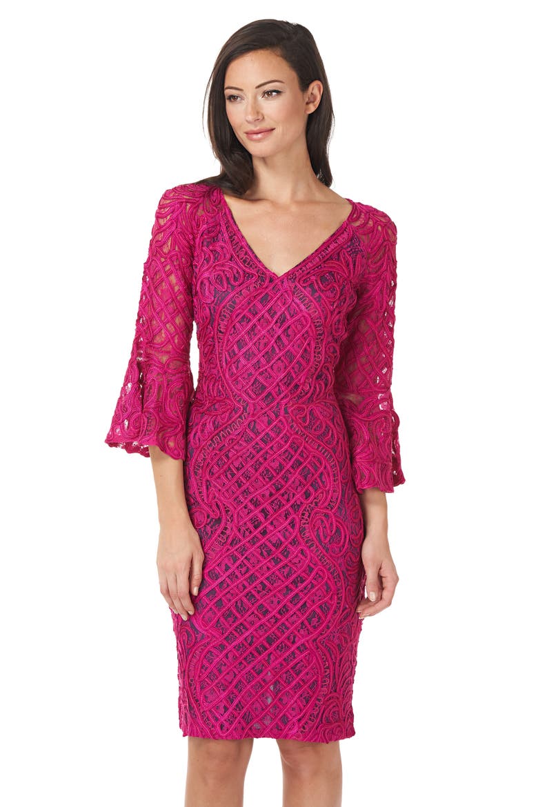 Bell Sleeve Soutache Cocktail Dress, Alternate, color, MAGENTA/ MIDNIGHT
