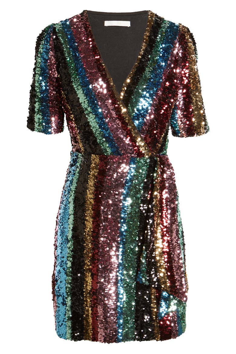 Rainbow Sequin Cocktail Wrap Dress, Alternate, color, MULTI