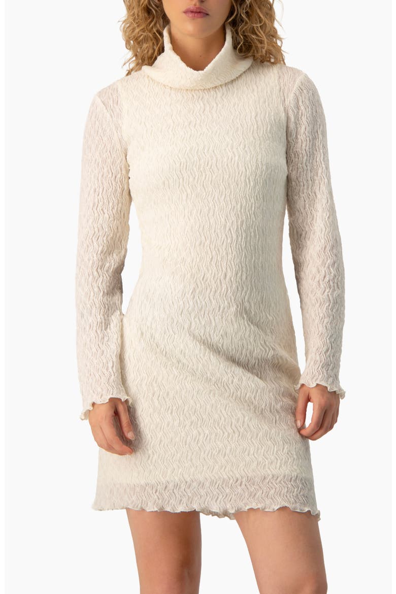 Crinkle-Knit Turtleneck Long-Sleeve Fitted Mini Dress, Main, color, Bone
