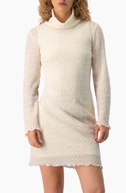 Crinkle-Knit Turtleneck Long-Sleeve Fitted Mini Dress