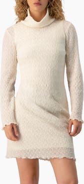 IVONNE Crinkle-Knit Turtleneck Long-Sleeve Fitted Mini Dress