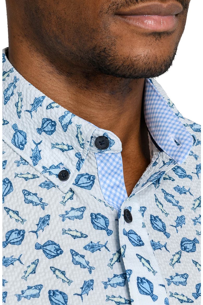 Fish Print Short Sleeve Seersucker Button-Up Shirt, Alternate, color, NAVY/ GREEN