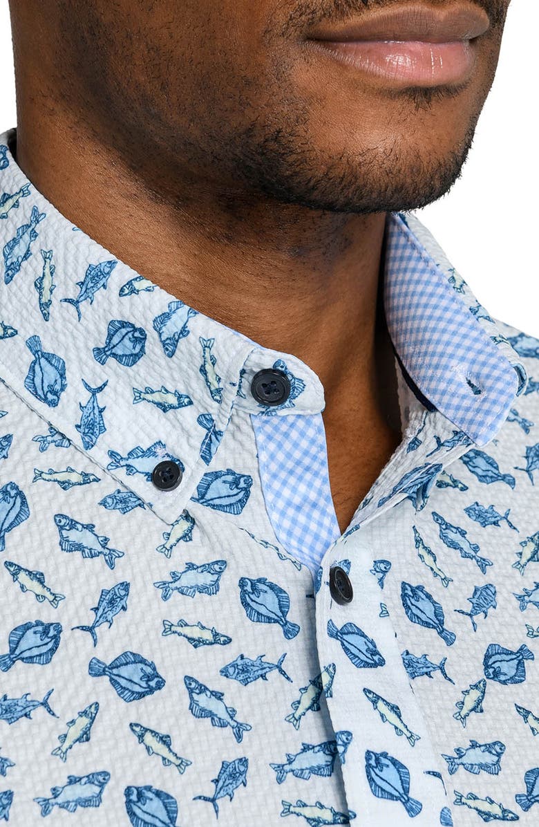 CONSTRUCT Fish Print Short Sleeve Seersucker Button-Up Shirt, Alternate, color, Navy/ Green