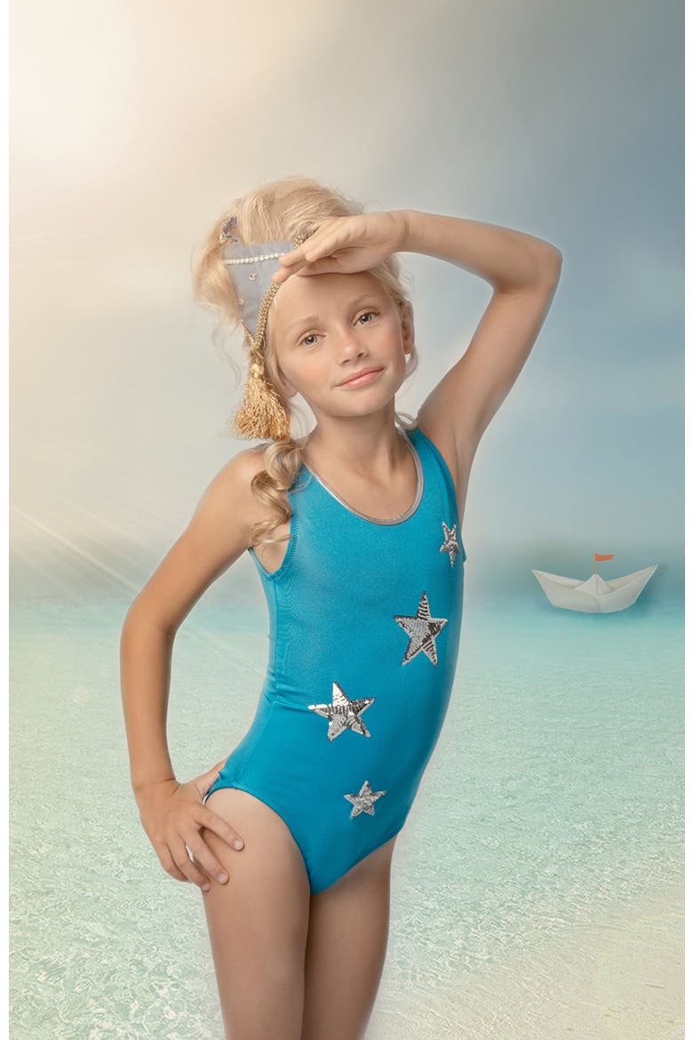 Sequin Star Appliqué with Metallic Trim One-Piece Swimsuit, Alternate, color, Blue