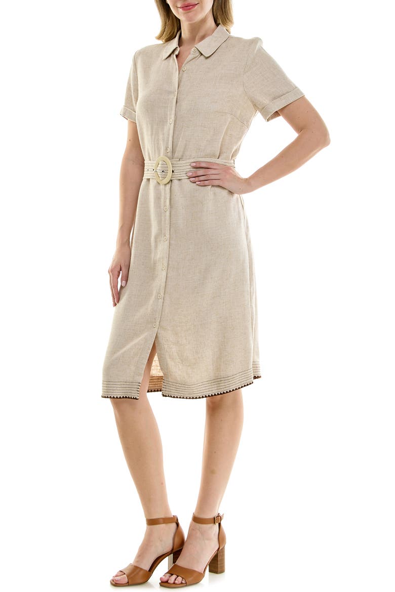 Embroidered Short Sleeve Midi Shirtdress, Alternate, color, HEATHER TAN