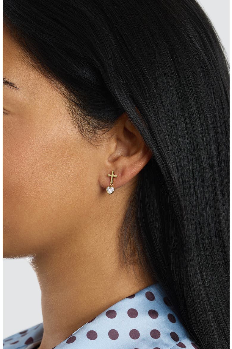 Cross Cubic Zirconia Heart Drop Earrings, Alternate, color, GOLD