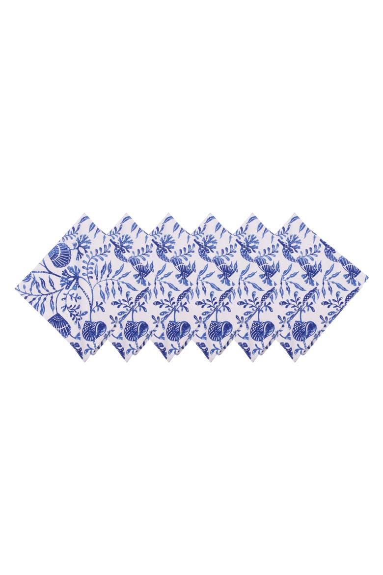 Blue Reef Shells & Coral 100% Cotton Hemstitch Set of 6 Cloth Napkins, Alternate, color, Blue