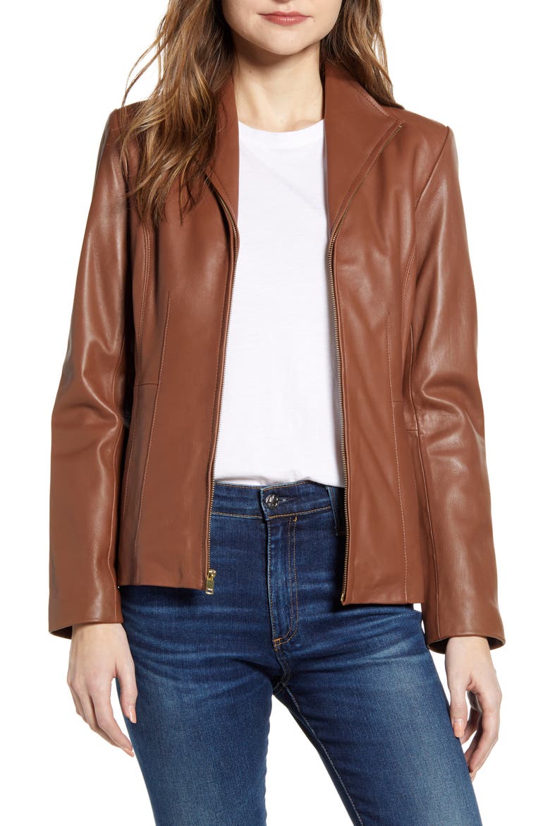 Cole Haan Lambskin Leather Jacket, Main, color, HICKORY