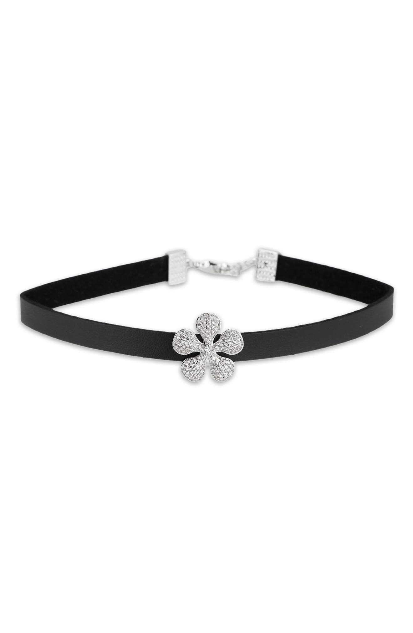 SAACHI Pavé Crystal Flower Leather Choker Necklace