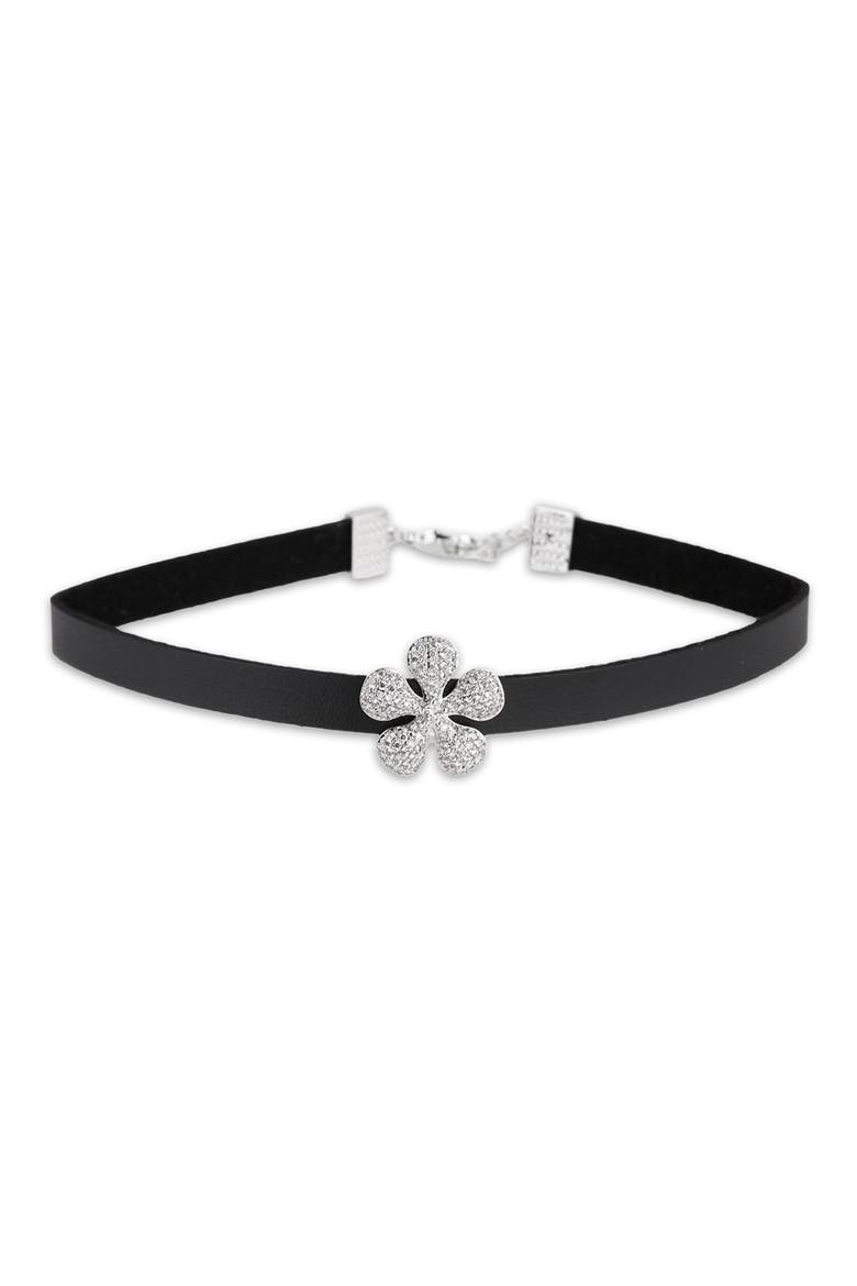 Pavé Crystal Flower Leather Choker Necklace, Main, color, BLACK