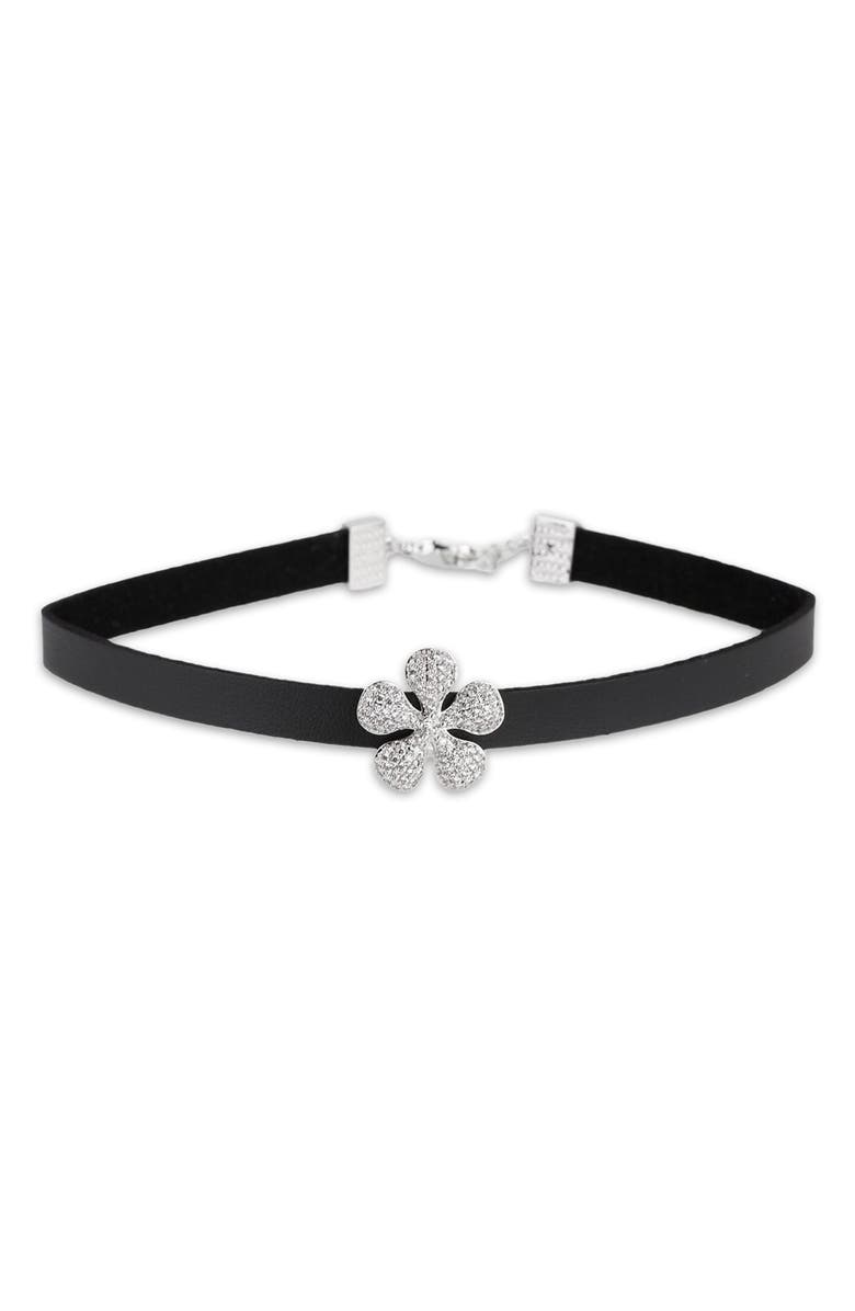 SAACHI Pavé Crystal Flower Leather Choker Necklace, Main, color, Black