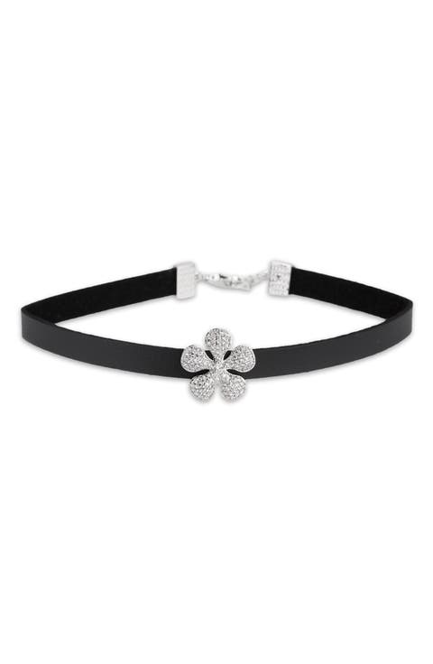 Pavé Crystal Flower Leather Choker Necklace