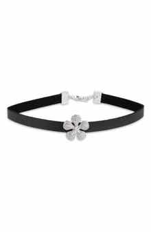 SAACHI Pavé Crystal Flower Leather Choker Necklace
