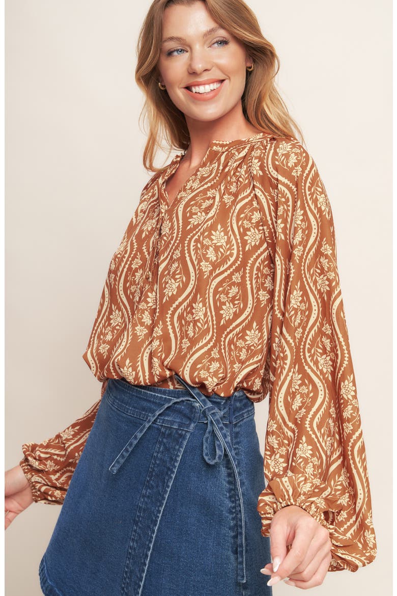 Floral Billow Sleeve Top, Alternate, color, BROWN/PEACH